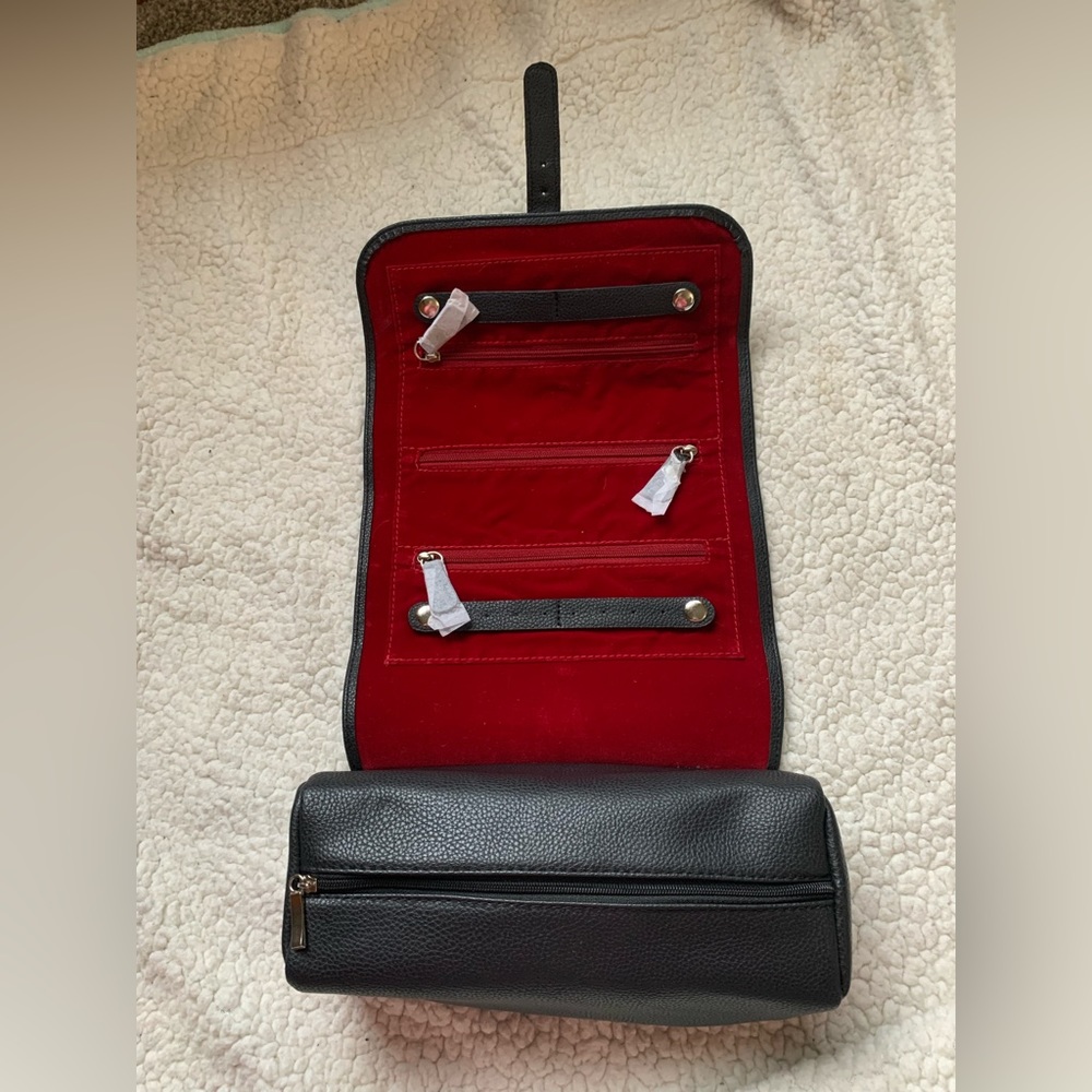 Black Travel Jewelry Roll with Red Interior
